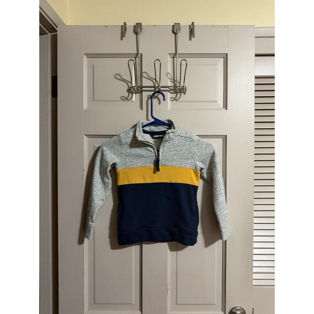 Boys Lands End 1/4 Zip Fleece Jacket Pullover Size Small Grey, Yellow & Blue